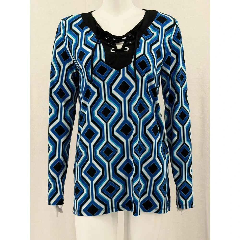 Michael Kors Top Womens Small Blue Geometric Lace Up V-Neck Mod Stretch‎ Office